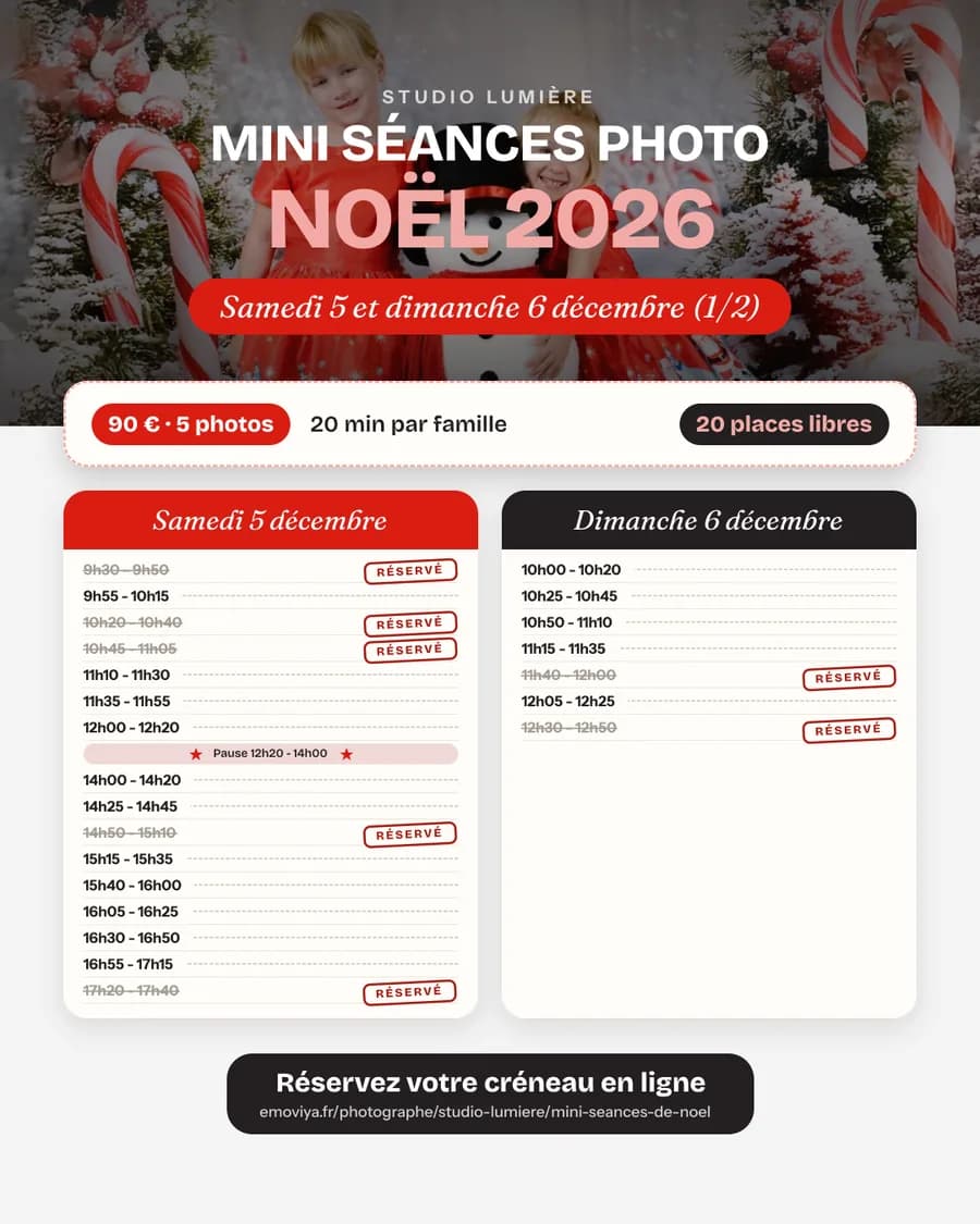 Planning illustré de mini-séances de Noël avec des créneaux réservés