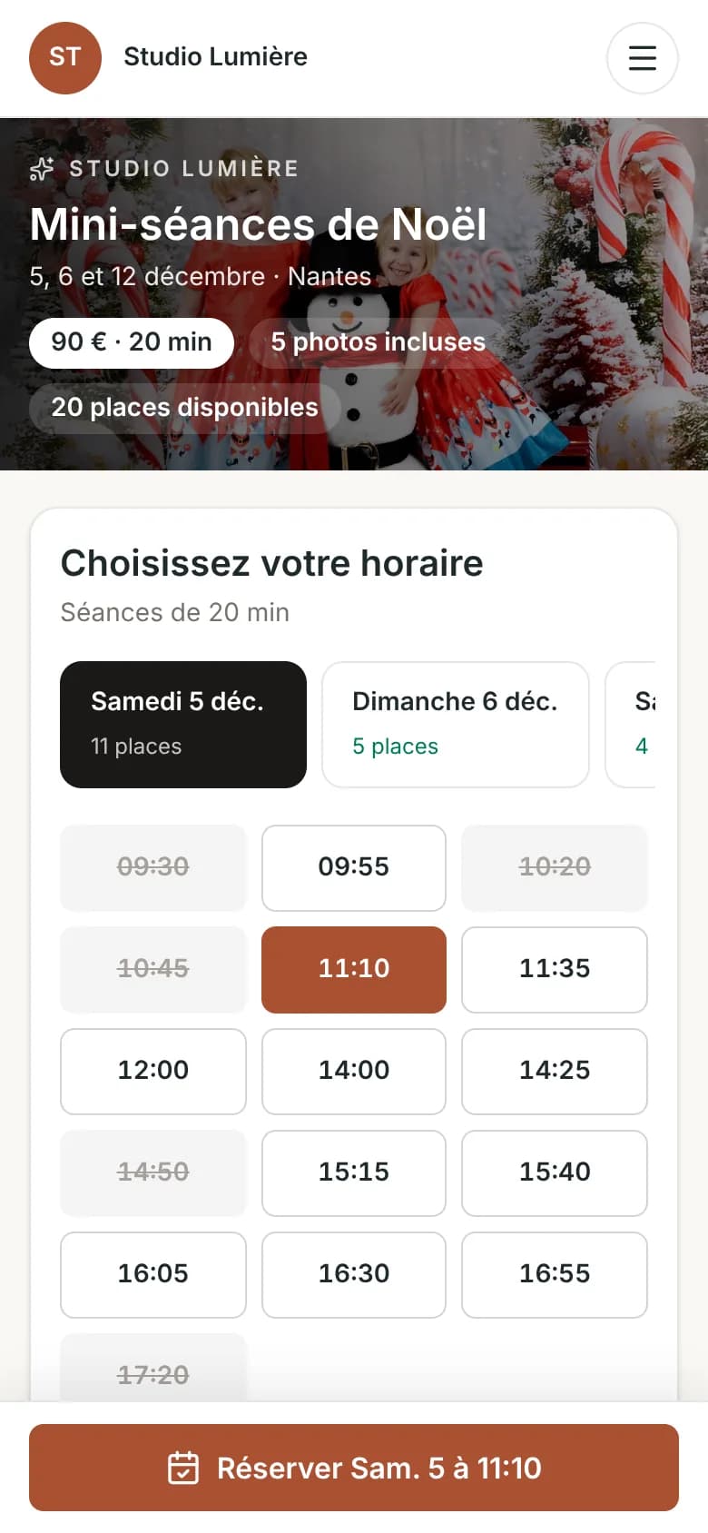 Page de réservation de mini-séances sur mobile