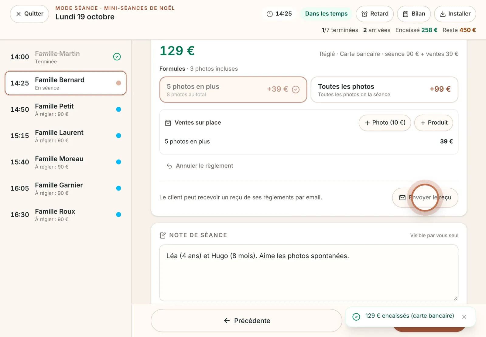 Encaissement sur place dans le mode séance