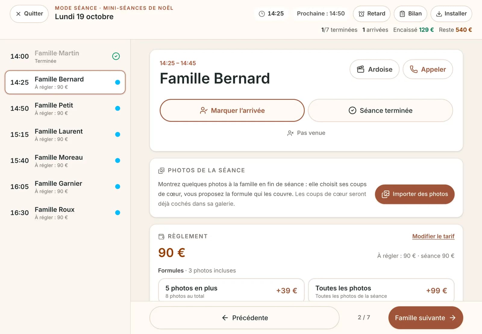 Planning d’une journée de mini-séances sur tablette
