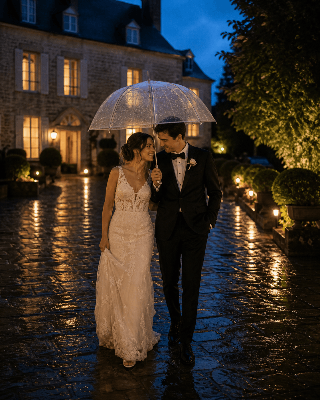 Couple photographié sous la pluie