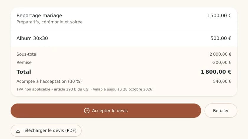 Devis photographe consulté par le client avec le bouton d’acceptation