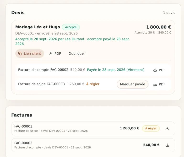 Fiche client avec le devis accepté et les factures d’acompte et de solde